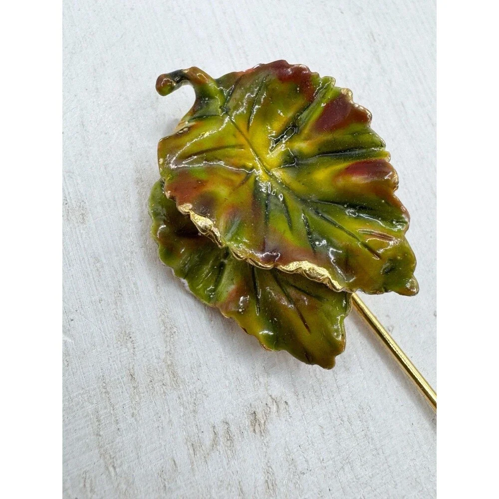 Vintage Enamel Leaf Stick Pin Green Brown Fall Autumn Tree Classic